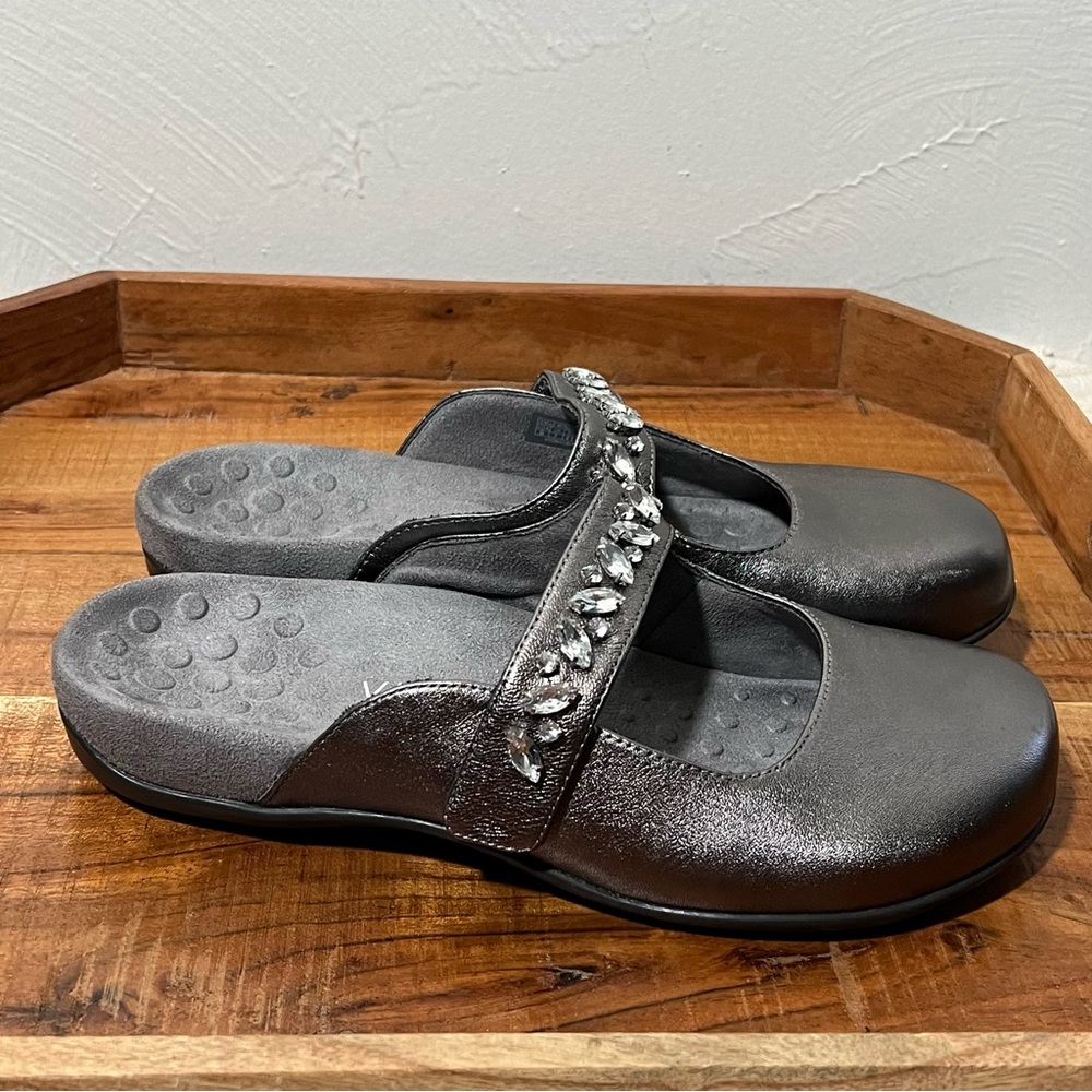 Vionic Metallic Gray Mules with Embellished Strap